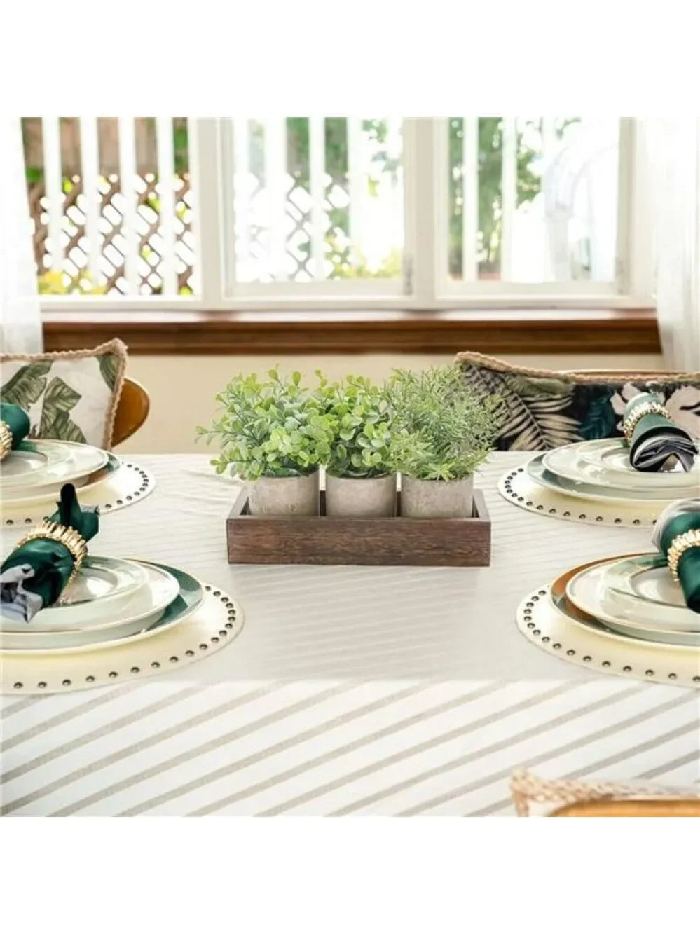 Set of 3 mini potted artificial eucalyptus plants with wood tray farmhouse decor